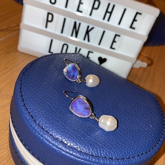 trendy Blue earrings with Pearl dangles. - Picture 3 of 3